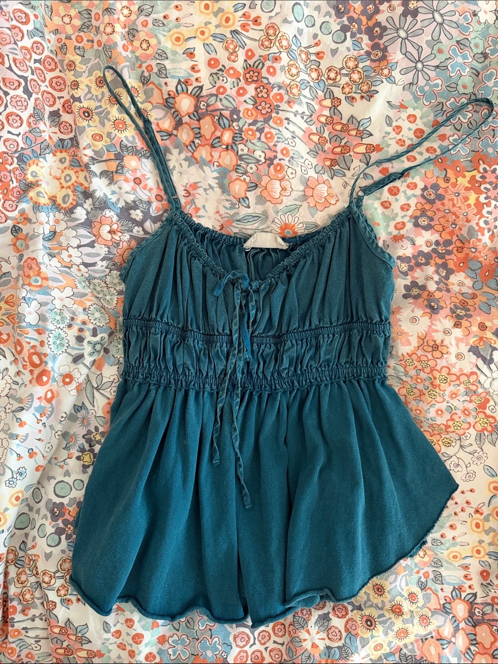Teal Smocked Spaghetti Strap Women's Tank Top